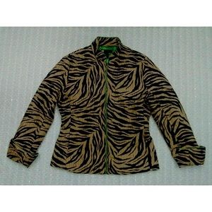 CAROLE LITTLE Silk Animal Print JACKET Brown with Green Satin Lining Size S
